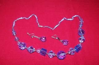 Vintage Czech Glass Necklace With Earrings Pretty Blue Shaped Crystals 60cm Long