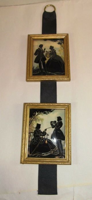 2 Vintage Victorian Man & Woman Silhouette Pictures,  Reverse Paint Curved Glass