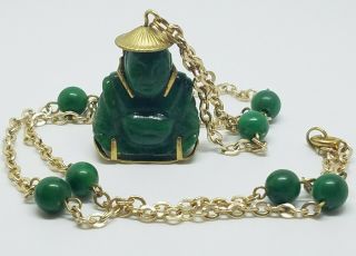 Vintage Chinese Carved Green Jade & Gold Buddha Wearing A Hat Necklace 22 " Chain