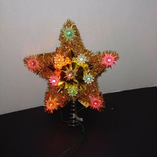 Vintage 11 Lights Christmas Tree Top Star Topper Lighted Gold Tinsel 9 " Tall