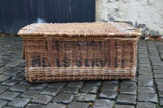 Antique Large Wicker Basket Country House Laundry Hamper “School Meals Service” 3