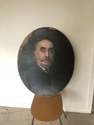 Large Antique Victorian Oval Oil Painting Portrait Of Noble Man With Moustache