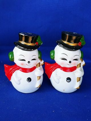Vintage Josef Originals Japan Christmas Snowman Salt And Pepper Shakers ❤️j8