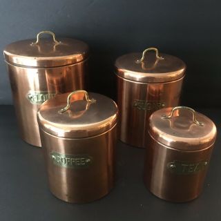 Vintage Copper & Brass Canister Set Of 4 Flour,  Sugar,  Coffee & Tea W/lids