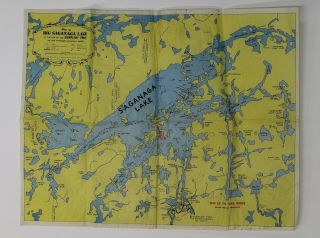 Vintage 1950 Map Of Big Saganaga Lake Gunflint Trail Lake Fishing W.  A.  Fisher Co