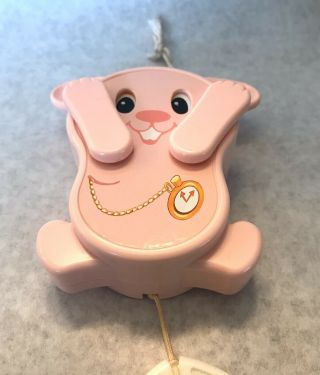 Vintage Tomy Pink Bunny Musical Pull String Music Box Peek - A - Boo Crib Toy 1980