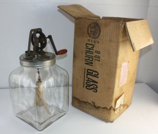Antique 8 Quart Glass Dazey Dandy Butter Churn Hand Crank Wood Paddles Orig Box