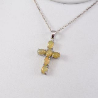 Vintage Sterling Silver Opal Cross Religious Pendant Necklace 18 " Lfb3