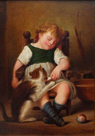 19th Century Sleeping Girl With Cat Antique Oil Painting
