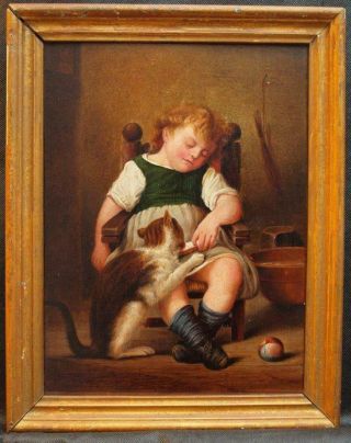 19th CENTURY SLEEPING GIRL WITH CAT Antique Oil Painting 2