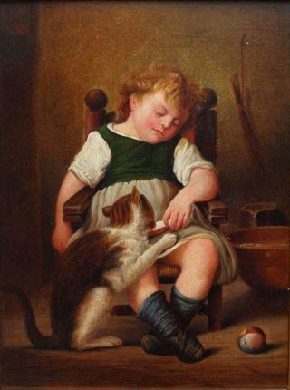 19th CENTURY SLEEPING GIRL WITH CAT Antique Oil Painting 3