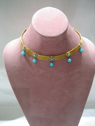 Estate Vintage Signed Florenza Gold Tone Mesh Faux Turquoise Choker Necklace