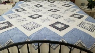 Vintage Handmade Quilted Blue White Nautical Patchwork Zig Zag Edges 95 " X85 " Lace
