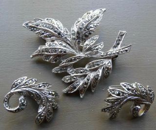 Vintage Marcasite Leaf Flower Silver Tone Brooch Earrings Set - 13