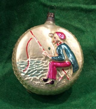 Antique German Blown Glass Boy Fishing,  Fisherman Christmas Ornament