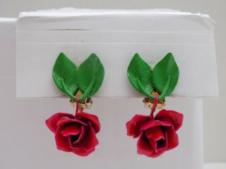Vintage Green Red Enamel Dangle Rose Flower Clip On Earrings 2060