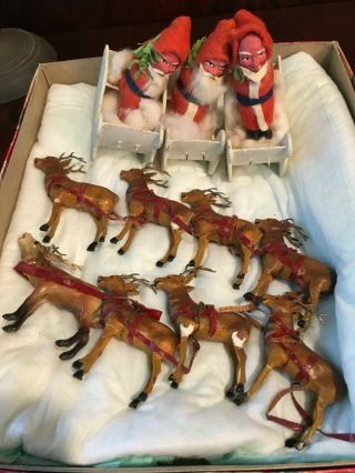 Antique German Putz Matchstick Santa In Sleigh And Reindeer Figures