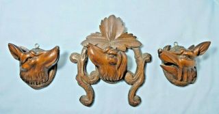 Antique Black Forest Carved Wooden Dog Hound Wolf Fox Head Hunting Plaques