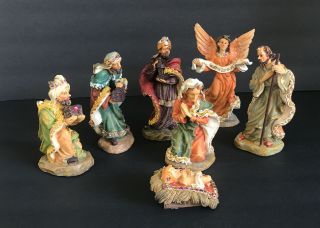 Vintage 7 Piece Hand - Painted Resin Nativity Set With Jewels 1” To 5.  5” Tall
