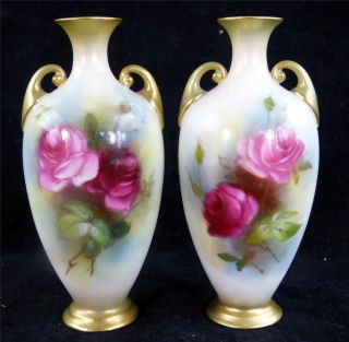 Pair Antique Royal Worcester Porcelain Vases Roses 287