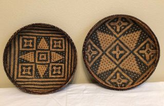 Vintage Round Wall Basket Set Of 2 Boho Farmhouse Decor Black Brown Woven