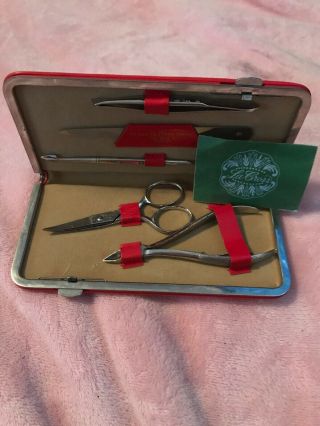 Vintage La Cross Manicure Travel Set With Leather Case Pocket Knife Germany