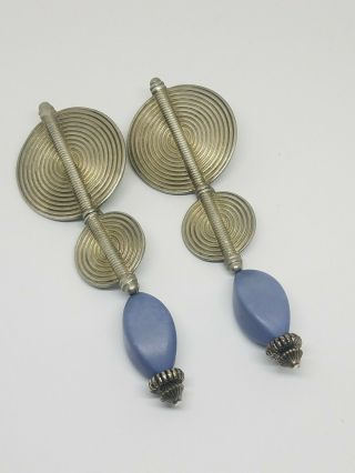 Vintage Ben Amun Silver Tone Blue Lucite Bead Dangle Long Clip On Earrings