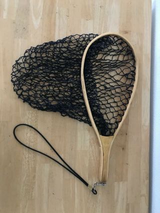 Vtg Wooden Trout Fly Fishing Net 20” Long Wood Wooden W/ Wrist Teather
