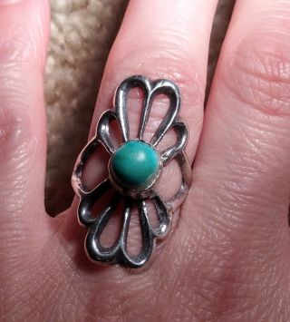 Vtg Sterling Silver Old Pawn Green Turquoise Ring 1.  25 " Open Flower Design Sz4.  5