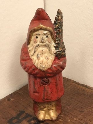 - Rare Antique Cast Iron Still Bank - Santa With A Tree,  Authentic