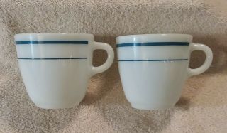 Set Of Vintage Anchor Hocking Coffee Mug,  White With Blue/teal Stripes