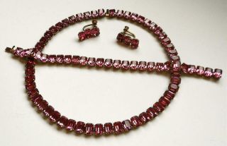 Vintage Pink Rhinestone Parure Choker Necklace Bracelet & Screw Back Earrings