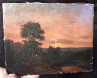 Old Antique Oil Painting Sunset Impressionist Tree Landscape E Hodgkins