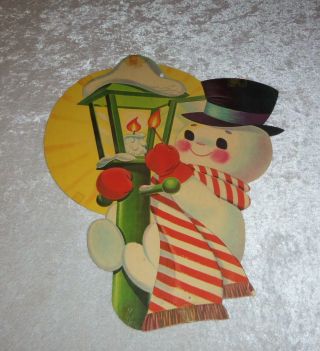 Vintage Dennison Snowman Candle Lamp Die Cut Christmas Cardboard Decoration