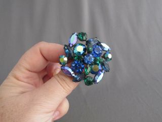 Vintage Regency Silver Tone Blue Green Aurora Borealis Cluster Pin Brooch