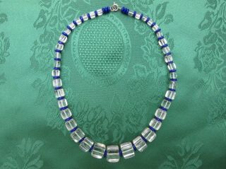 Vtg 1960s Clear Glass Lucite Or Crystal Ice Cube Navy Blue Disc Beaded Necklace