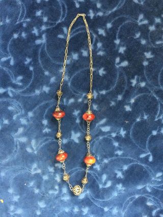 Vintage Moroccan Berber Necklace With 4 Copal Amber & 7 Metal Beads