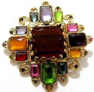 Vintage Square Cross Sunburst " Jeweled " Brooch Pin Colorful Glass Rhinestones