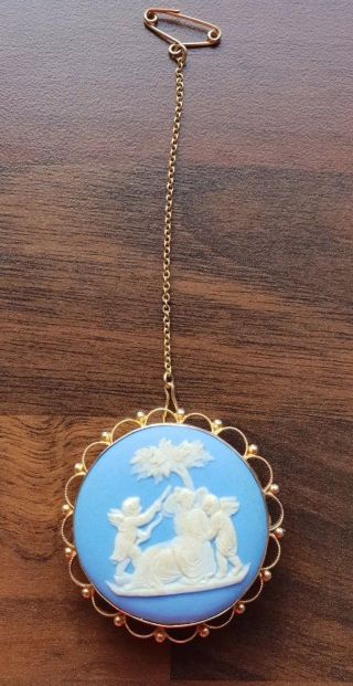 Antique Pre 1860s 9ct Gold Blue Wedgwood Jasper Ware Brooch Pin & Safety Chain