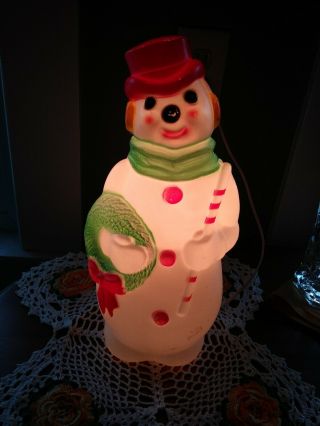 Vintage Empire 13 " Blow Mold Iighted Table Top Christmas Snowman 1968
