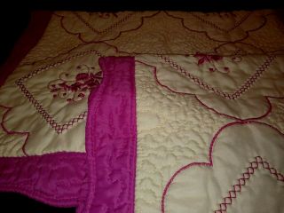 Set of 2 Vintage Standard Pillow Shams Quilted and Embroidered Magenta/Ivory 2