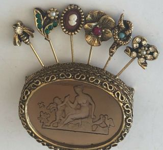 Vintage Not Signed Goldette? Intaglio Glass Cameo Cupid & Venus Stick Pin Brooch