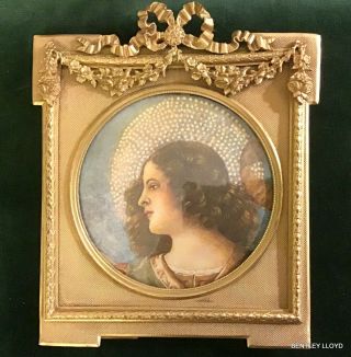 Antique French Gilt Metal Square Photo Frame With Circular Opening
