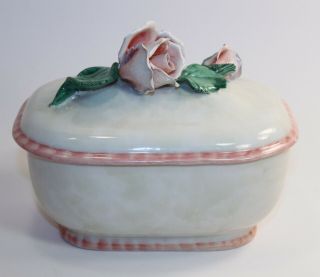 Vintage Porcelain Rose Trinket Box - Made In Italy - Signed - Capodimonte Flowers