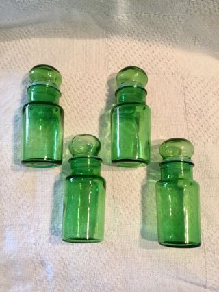 4 Vtg.  Midcentury Glass Spice Bottles Jars W/ Stoppers Taiwan - 5” Tall Green Euc
