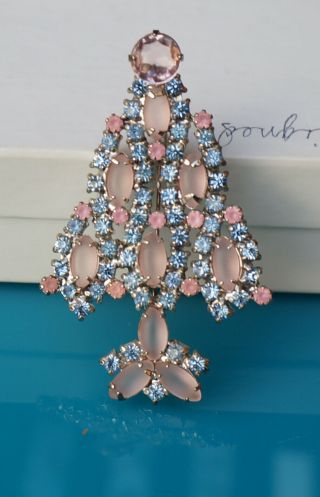 Elegant Vintage Pink Navette & Rhinestone Christmas Tree Pin Unmarked