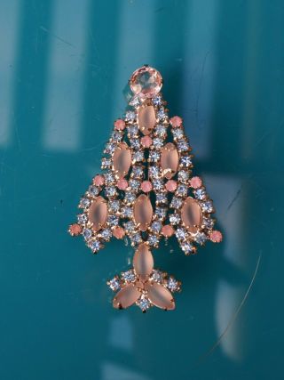 Elegant Vintage Pink Navette & Rhinestone Christmas Tree Pin Unmarked 2