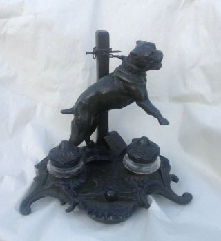 Old Antique Inkwell Ink Well With Pit Bull Dog Or Mastiff