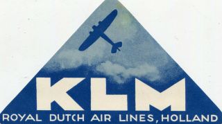 Early Airmail Label.  Dutch Airline,  Klm