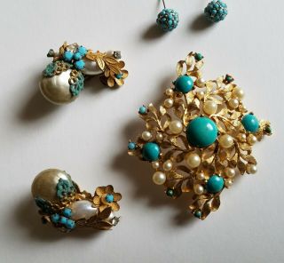 Vintage D ' Arne Gold w Turquoise and Pearl Pin Brooch & Stunning Matching Earring 2